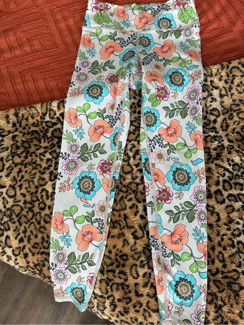 White Floral Print Leggings with Coral and Teal Flowers
